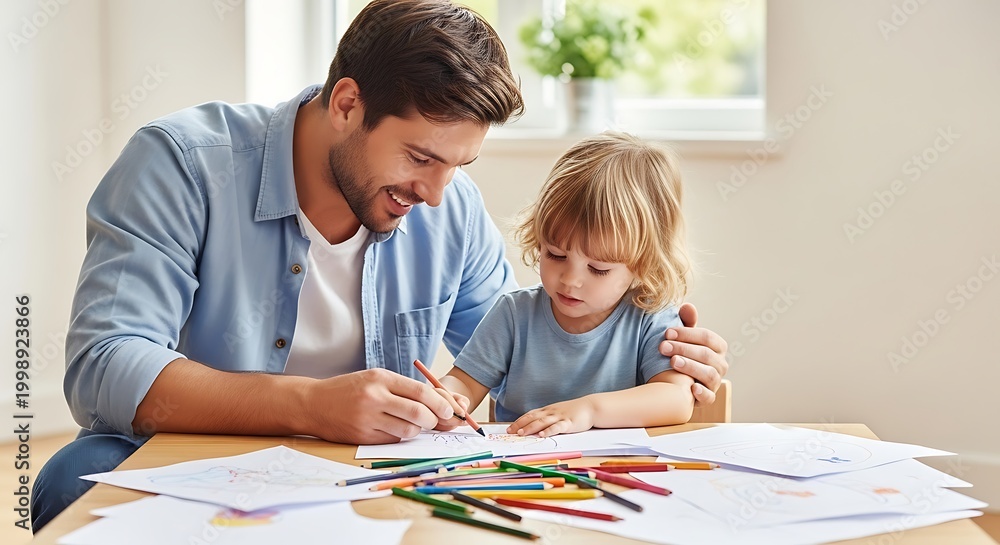 Fototapeta premium Friendly Father and Child Drawing Together at Table