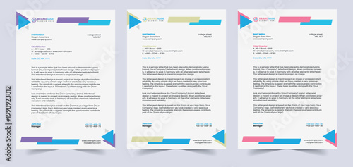 Letterhead Three pages of sample documents with colorful geometric designs and black text on a light gray background template
