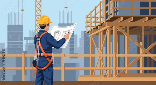 Male construction worker in blue uniform and safety harness reviewing architectural blueprints on a high-rise building site with wooden scaffolding and urban city skyline background.