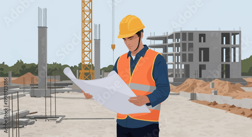 Construction worker in a yellow hard hat and orange safety vest reviewing architectural blueprints at an active building site with a crane and unfinished concrete structure background.