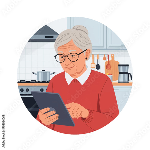 Flat vector illustration of an elderly grandmother wearing glasses and a red sweater while using a digital tablet computer in a kitchen with a stove and coffee maker in the background.