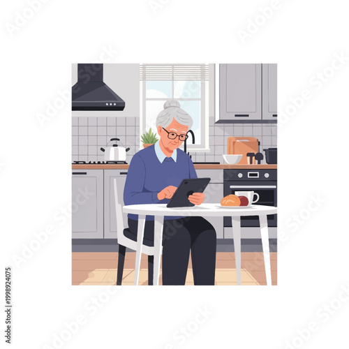 Vector illustration of an elderly woman with grey hair and glasses sitting at a kitchen table using a digital tablet for communication or browsing the internet at home.