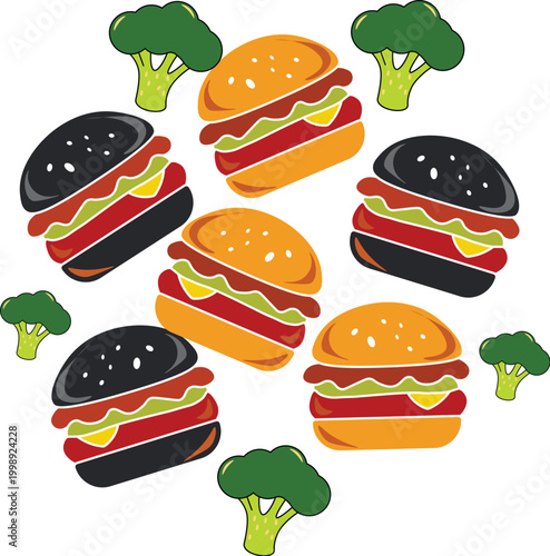 Cute Burger and Broccoli Seamless Vector Set