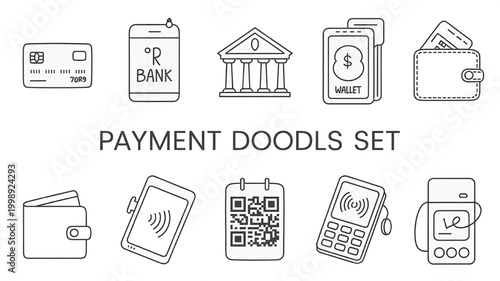 Payment doodles set including credit cards wallets bank and mobile payment icons for financial apps and web design isolated on white
