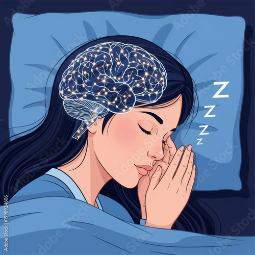 Vector illustration of a young woman sleeping peacefully on a blue pillow, featuring a glowing anatomical brain with neural networks symbolizing dreaming and mental activity.