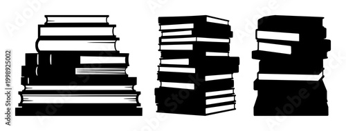 Stacked books set with black silhouettes against white background featuring library, education, knowledge with book volumes and stacks