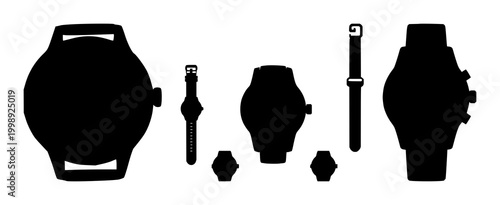 Wrist watch set with black silhouette on white background featuring watch, timepieces, analog with digital and decorative iconic