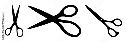 Scissors set with black silhouette against white background featuring cutting tools, office stationery, kitchen utensils with line art and minimalist design