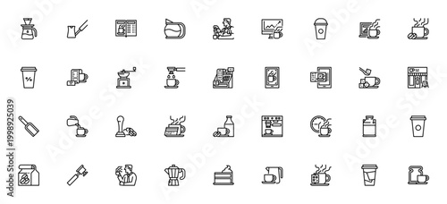 Coffee shop icon set. Minimal vector icons pack. Includes drip glass, Turkish coffee, espresso, cappuccino, barista, coffee machine, beans, cake and more. Editable stroke.