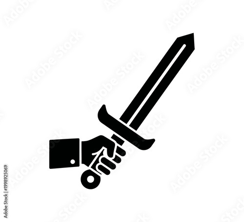 Картината върху платно A hand holding a sword, signifying strength, power, and combat in a stylized bla