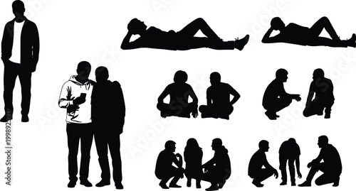 Bild auf Leinwand People silhouettes set various poses standing sitting squatting relaxing social
