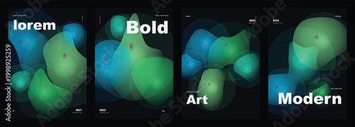Glowing Turquoise Bio-Organic Poster Set with Fluid Microscopic Shapes