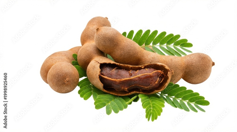 Fototapeta premium Freshly harvested tamarind fruits with green leaves, a delicious and healthy tropical treat.