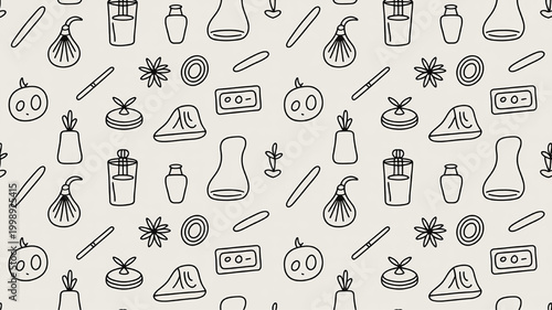 Hand-drawn seamless pattern of cosmetic and skincare bottles jars and tools perfect for beauty product branding and packaging design