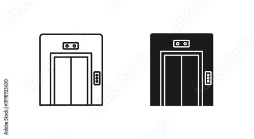 Elevator icons, black and white, vector graphics, building access symbols, door signs