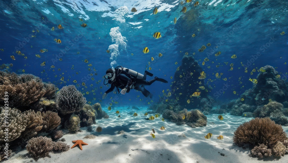 Fototapeta premium Scuba diver in vibrant coral reef