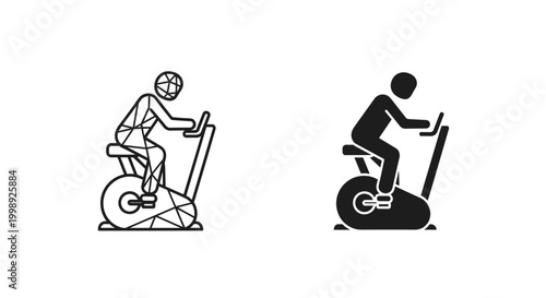 Exercise bike icons, fitness equipment symbols, workout bicycle graphics, cycling trainer illustrations