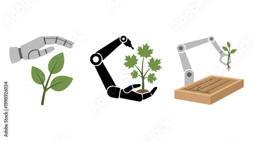 Robotic arms nurturing and planting green seedlings in an agricultural concept illustration.