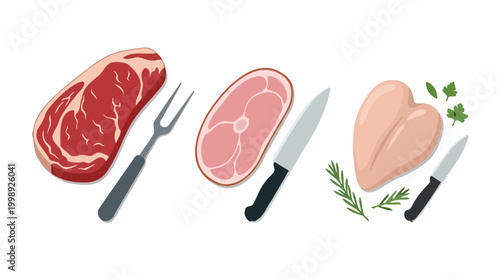 Raw meat collection featuring beef steak pork chop and chicken breast with kitchen tools.