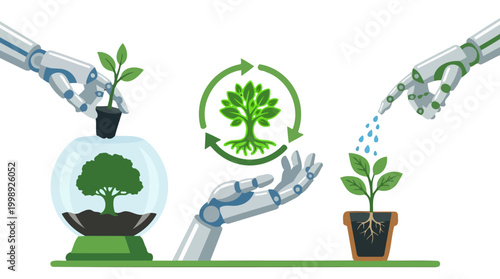 Robotic hands caring for plants and environmental sustainability symbols.