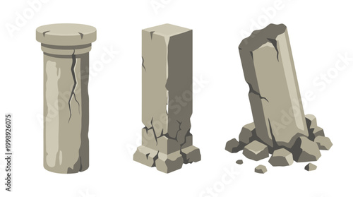 Set of ancient broken stone pillars and ruins.