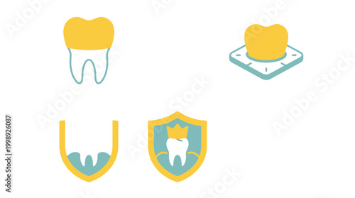 Set of dental icons featuring gold tooth crowns and protection symbols.