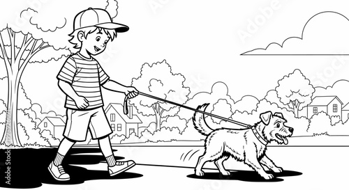 Boy walking dog on leash outside.