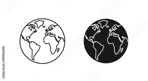 World map icons, globe illustrations, black and white, vector graphics
