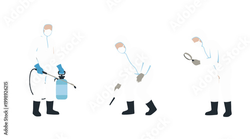 Set of workers in protective white suits performing disinfection and cleaning tasks.