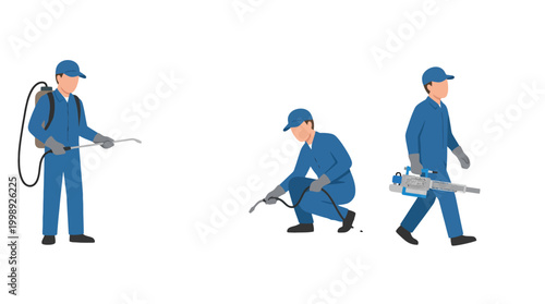 Three pest control workers in blue uniforms performing professional extermination tasks.