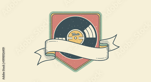 Vinyl Record Illustration with Ribbon Banner.