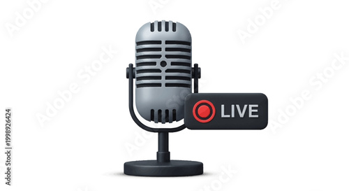 Illustration of a vintage microphone with a live broadcast indicator on a white background.