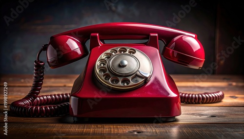 A Classic Vintage Red Rotary Dial Telephone on a Wooden Surface, Evoking Nostalgia and Timeless Communication