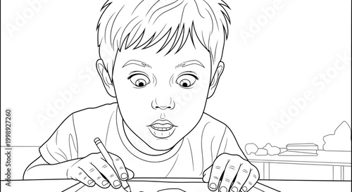 Young boy with surprised expression coloring.