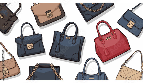 Luxury fashion handbags vector illustration with designer purses and stylish bags isolated on white background