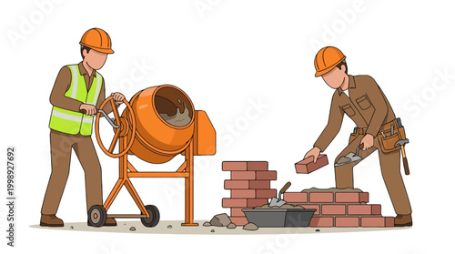 Illustration of construction workers building a wall with a cement mixer.