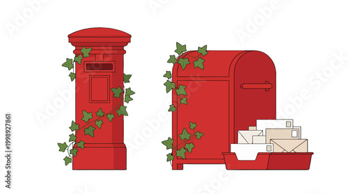 Set of two vintage red mailboxes with ivy vines and letters.