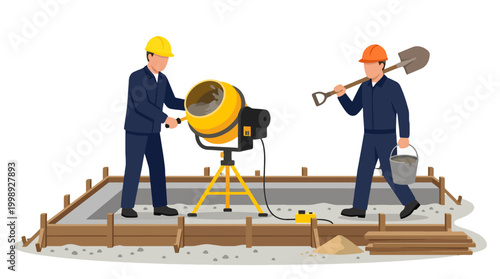 Two construction workers mixing concrete for a building foundation.