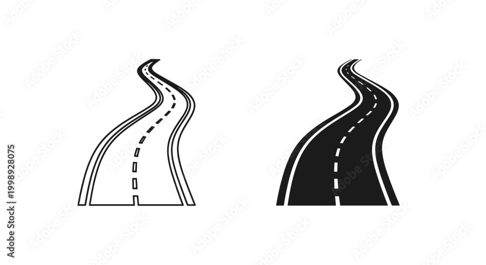 Fototapeta premium Roadway icons, vector roads, transportation symbols, black and white highways
