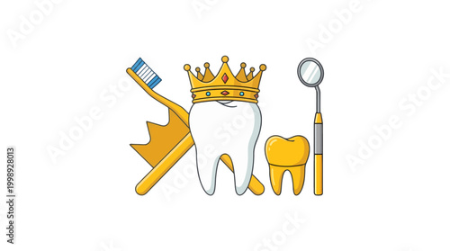 Dental concept illustration with tooth wearing a crown and dental tools.