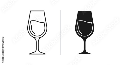 Wine glass icons, black and white, line art, vector illustrations, wineware, drinkware