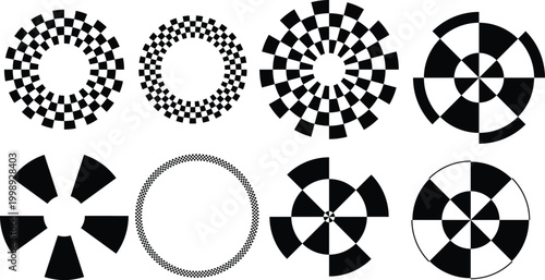 Abstract circular geometric pattern set with bold black and white radial designs. Modern halftone rings and segmented swirl shapes for optical backgrounds. Clean vector elements for branding, posters,