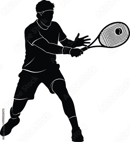 Dynamic tennis player silhouette a powerful forehand swing in black and white