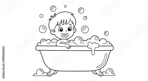 Happy child in bathtub with bubbles.