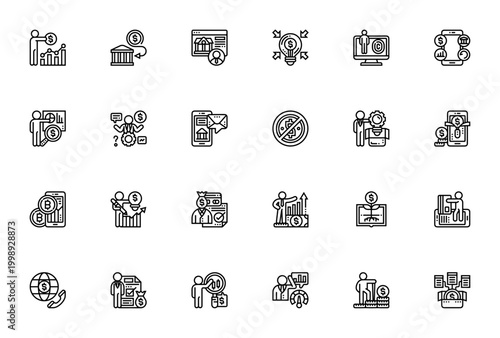 Fintech icon set. Vector symbols for wealth, cryptocurrency, banking, investment, blockchain, loan, and online finance. Minimalist editable icons.
