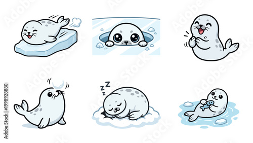 Adorable baby seals showcasing various playful and happy emotions in an icy environment