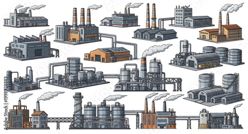 Collection of Industrial Factory Buildings with Smokestacks Emitting Smoke.
