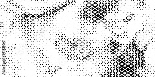 Fading triangle halftone texture gradient pattern. Abstract diagonal geometric background. Tech mosaic triangular halfton gradation. Vector vanishing corner arrow wallpaper for banner, booklet, poster