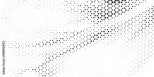 Fading triangle halftone texture gradient pattern. Abstract diagonal geometric background. Tech mosaic triangular halfton gradation. Vector vanishing corner arrow wallpaper for banner, booklet, poster