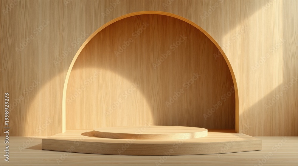 Fototapeta premium Warm wooden display. Minimalist stage setup. Soft light creates inviting presentation space. Perfect product showcase.